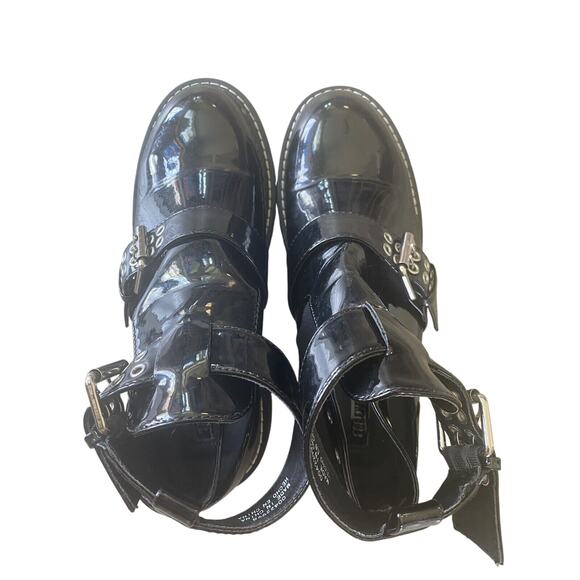 NWOB Forever 21 Black Sheen Strappy Platform Ankle Boots Style Rockstar Shoes 7 - Picture 2 of 11
